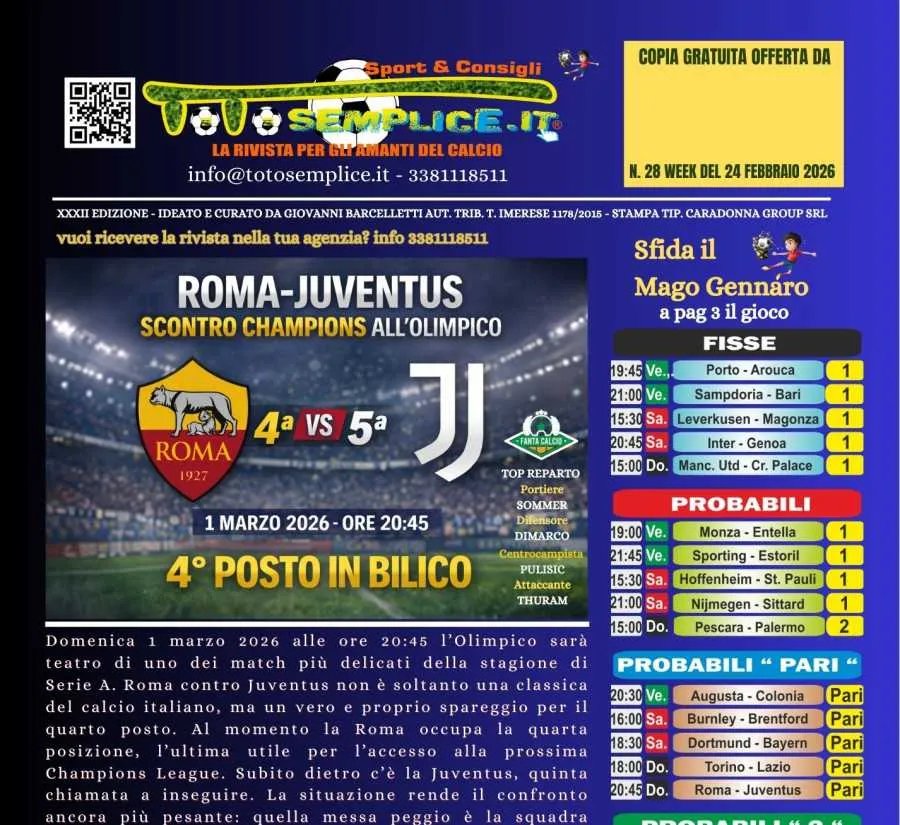 All’Olimpico uno spareggio per la Champions. Domenica 1 marzo 2026 alle ore 20:45 Roma-Juventus.