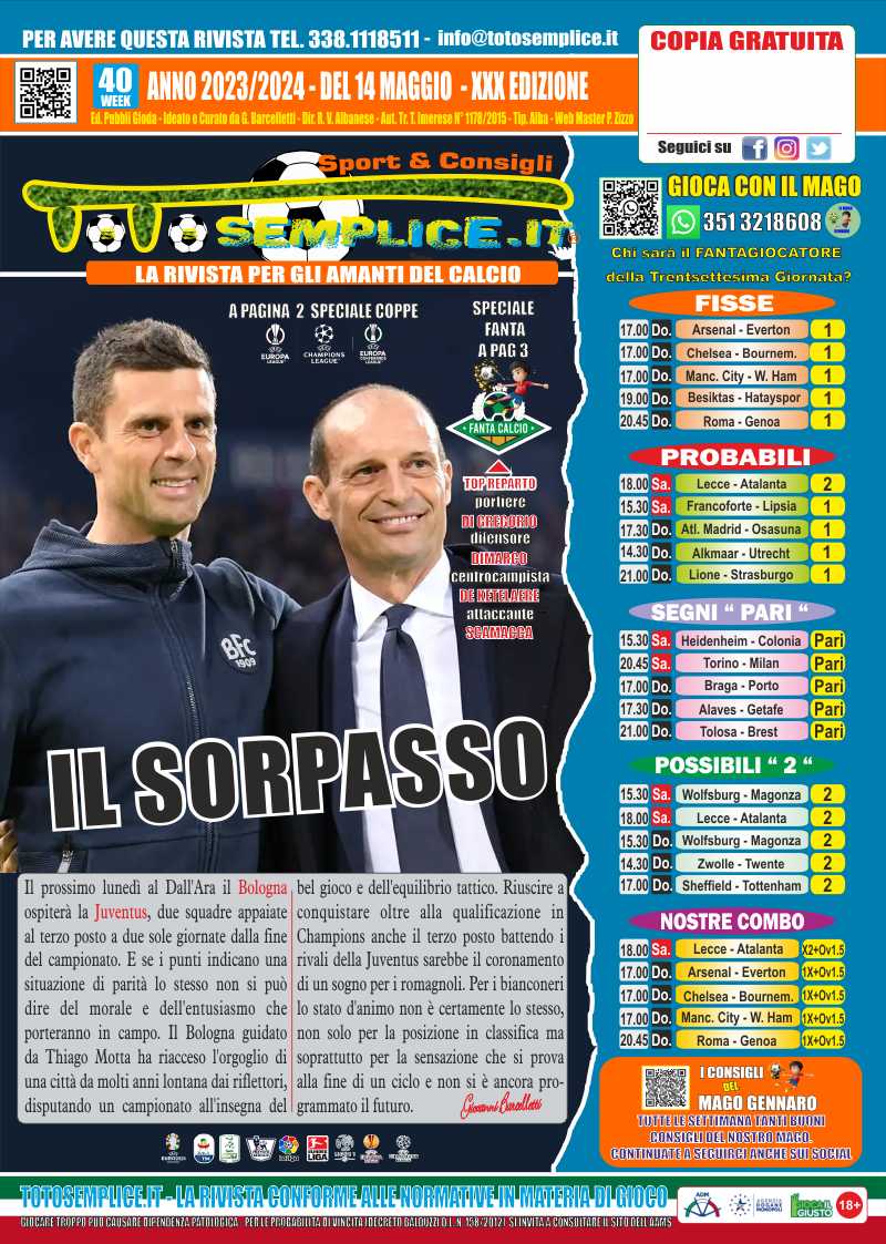 La rivista del calcio, anteprima Totosemplice n. 40 del 14 maggio 2024.  IL SORPASSO