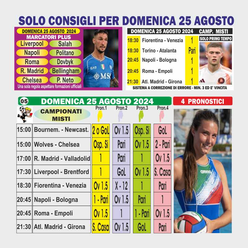 SOLO CONSIGLI PER DOMENICA 25 AGOSTO