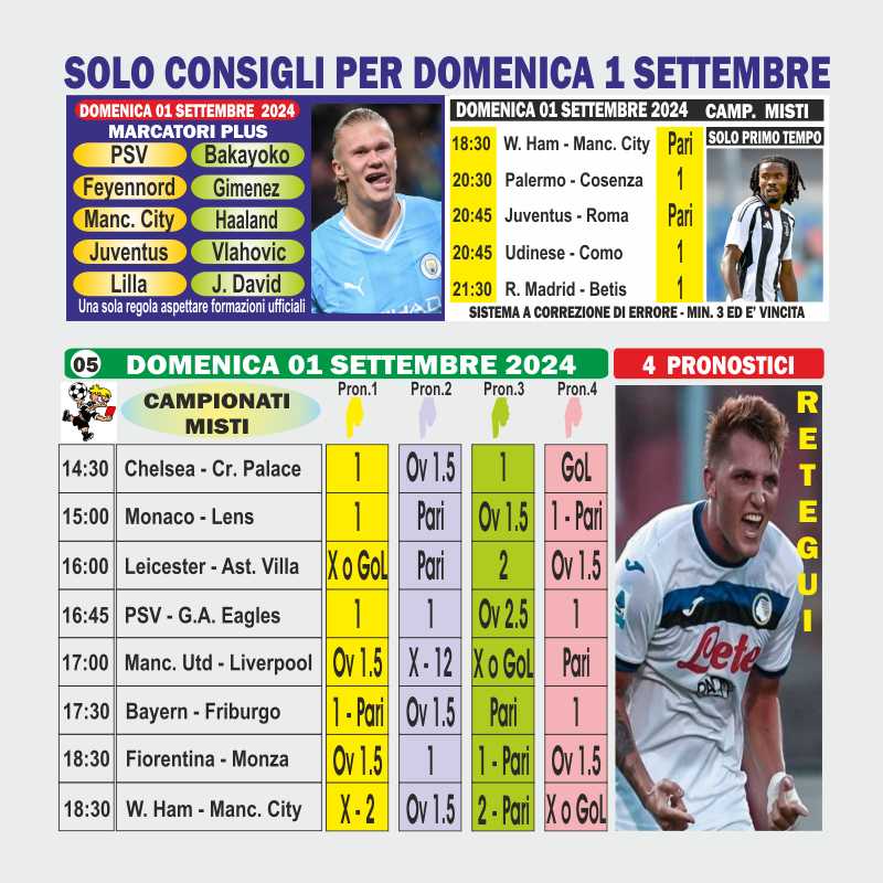 SOLO CONSIGLI  PER DOMENICA 1 SETTEMBRE